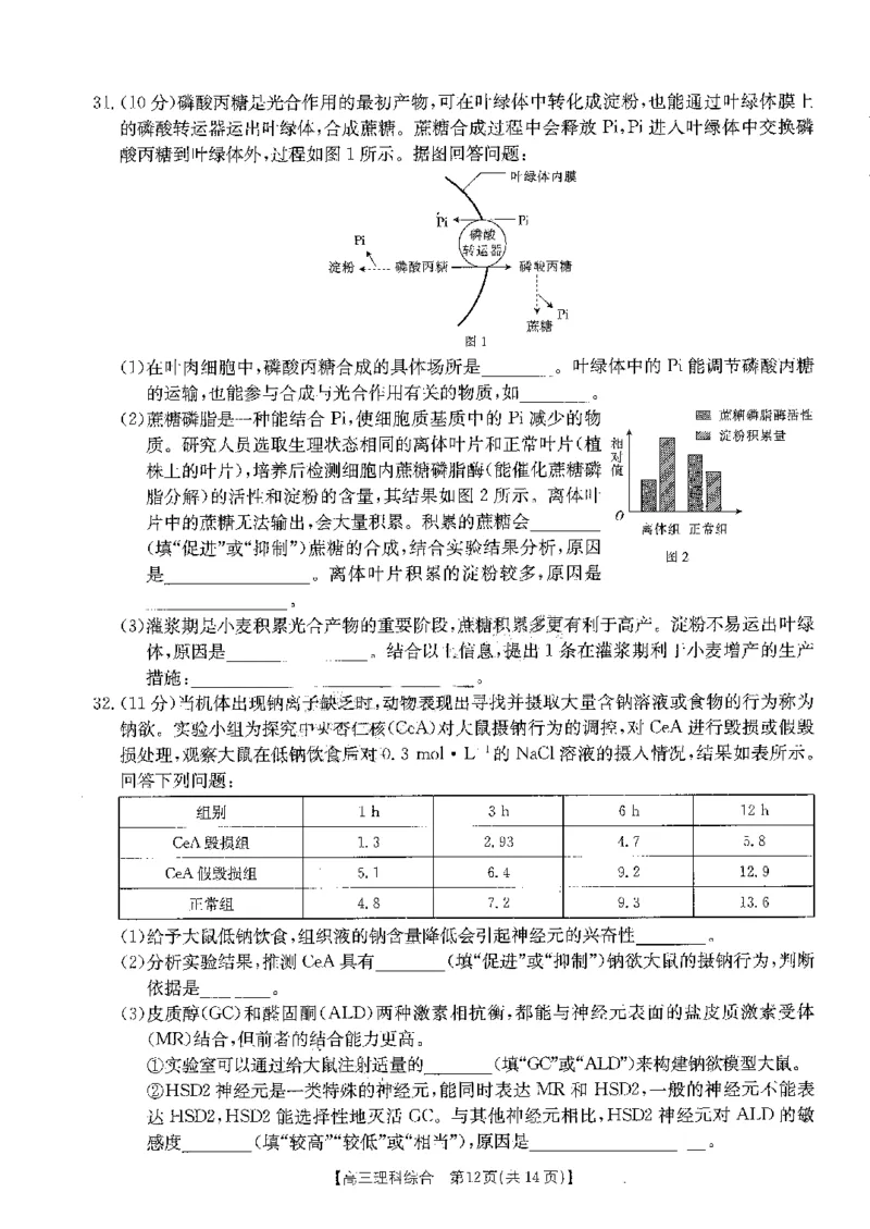 河南省部分省示范高中2023-2024学年高三下期3月理科综合联考试卷(图片版含答案)_2024年3月_013月合集_2024届河南省高三3月金太阳百万联考_河南省2024届高三3月金太阳百万联考理综