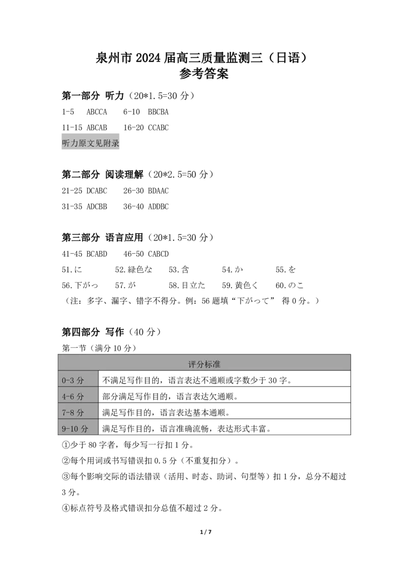 泉州市2024届高三质量监测三答案_2024年3月_013月合集_2024届福建省泉州市普通高中毕业班质量监测三_2024届福建省泉州市普通高中毕业班质量监测（三）日语