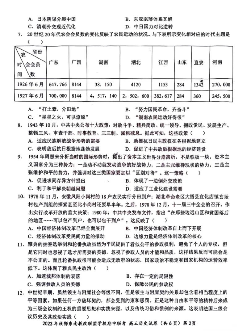 湖北省2023年秋季鄂东南省级示范高中教育教学改革联盟学校期中联考高三历史试卷(1)_2023年11月_0211月合集_2024届湖北省鄂东南省级示范高中教育教学改革联盟学校高三上学期期中联考
