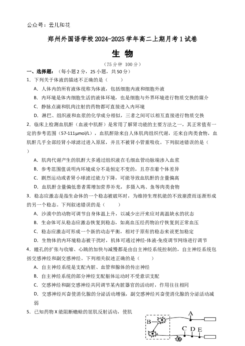 河南省郑州外国语学校2024-2025学年高二上学期10月月考试题生物Word版含答案_2024-2025高二（7-7月题库）_2024年10月试卷_1026河南省郑州外国语学校2024-2025学年高二上学期10月月考