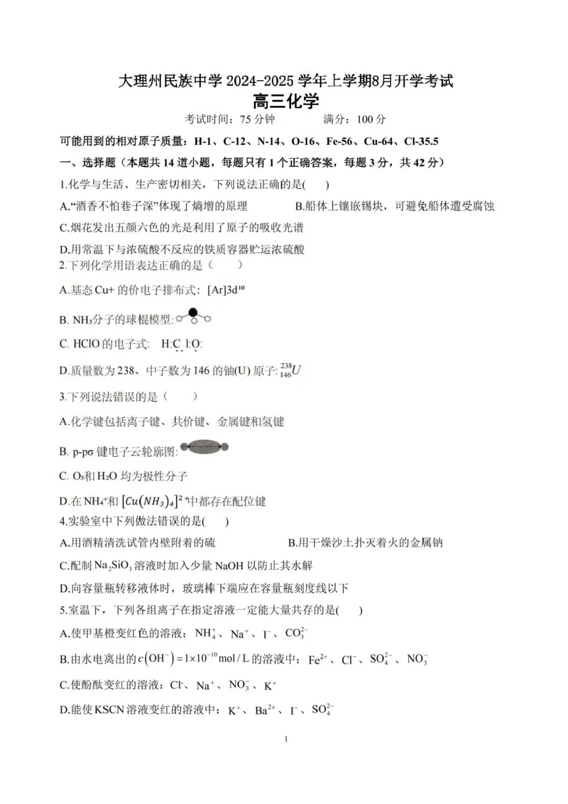 云南省大理白族自治州大理市大理白族自治州民族中学2024-2025学年高三上学期开学化学试题_2024-2025高三（6-6月题库）_2024年08月试卷