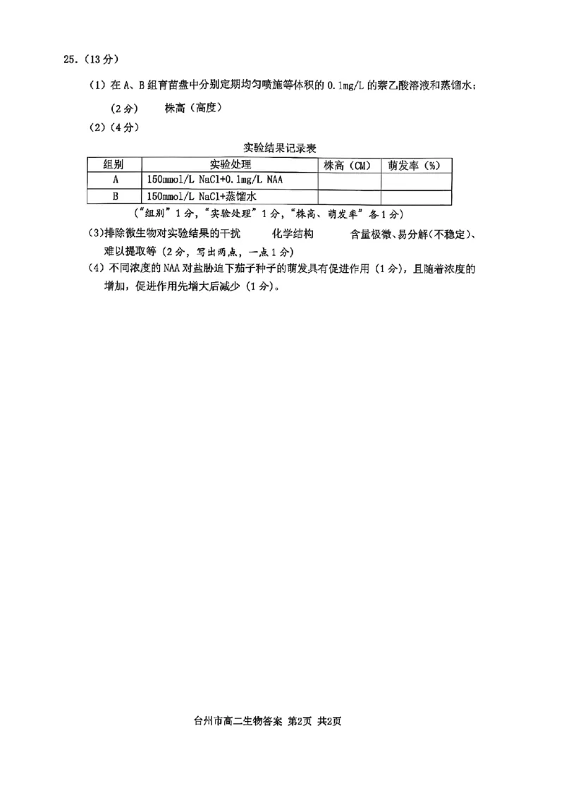 浙江省台州市2024学年第一学期高二年级期末质量评估试题生物（PDF版，含答案）_2024-2025高二（7-7月题库）_2025年02月试卷_0218浙江省台州市2024-2025学年高二上学期期末质量评估试题