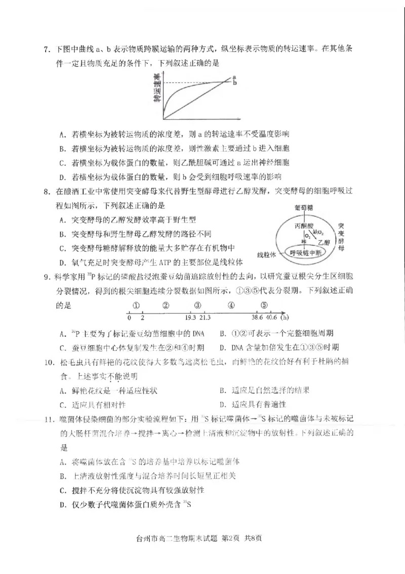 浙江省台州市2024学年第一学期高二年级期末质量评估试题生物（PDF版，含答案）_2024-2025高二（7-7月题库）_2025年02月试卷_0218浙江省台州市2024-2025学年高二上学期期末质量评估试题