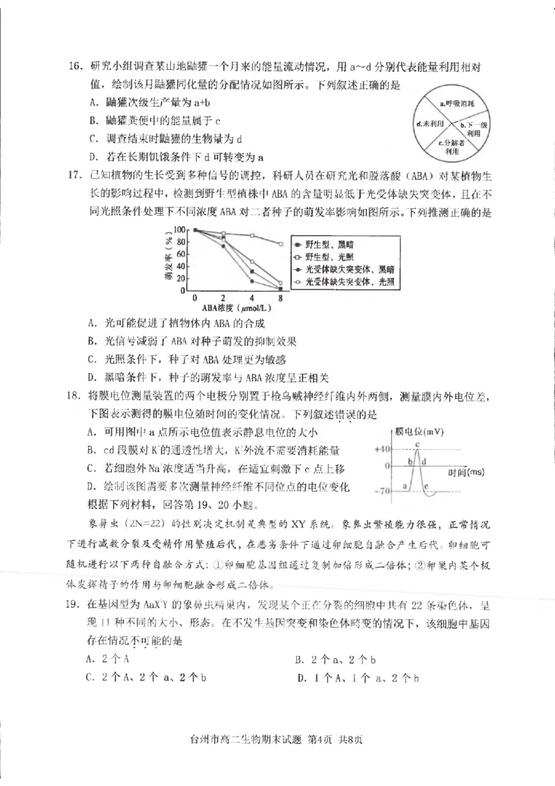 浙江省台州市2024学年第一学期高二年级期末质量评估试题生物（PDF版，含答案）_2024-2025高二（7-7月题库）_2025年02月试卷_0218浙江省台州市2024-2025学年高二上学期期末质量评估试题