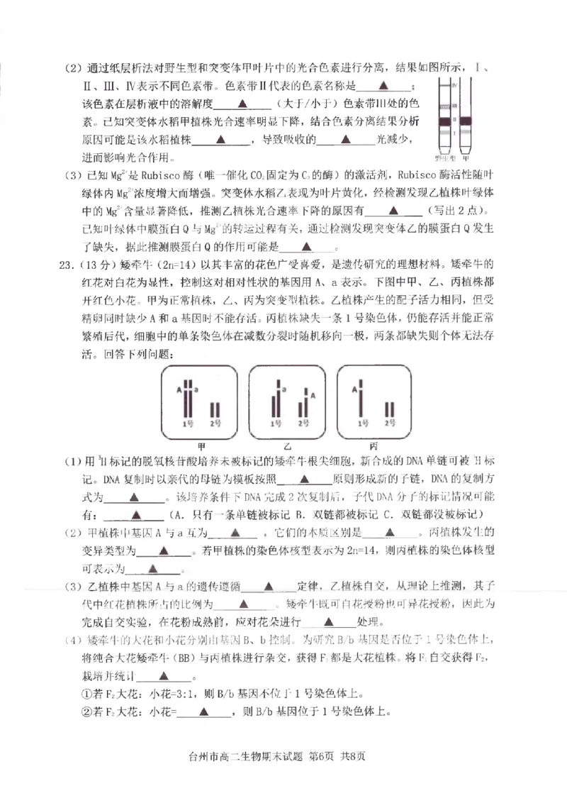 浙江省台州市2024学年第一学期高二年级期末质量评估试题生物（PDF版，含答案）_2024-2025高二（7-7月题库）_2025年02月试卷_0218浙江省台州市2024-2025学年高二上学期期末质量评估试题