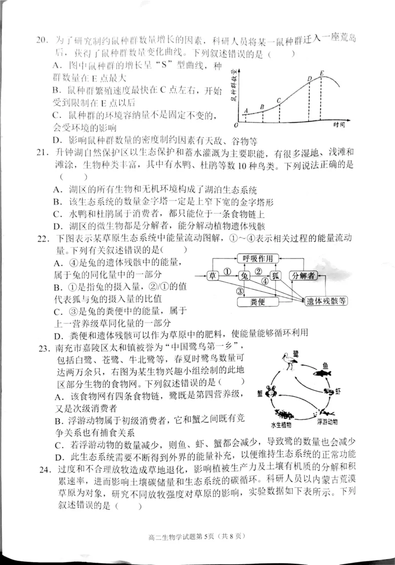 四川省南充市2024-2025学年高二上学期1月期末生物试题_2024-2025高二（7-7月题库）_2025年02月试卷_0207四川省南充市2024-2025学年高二上学期期末检测试题