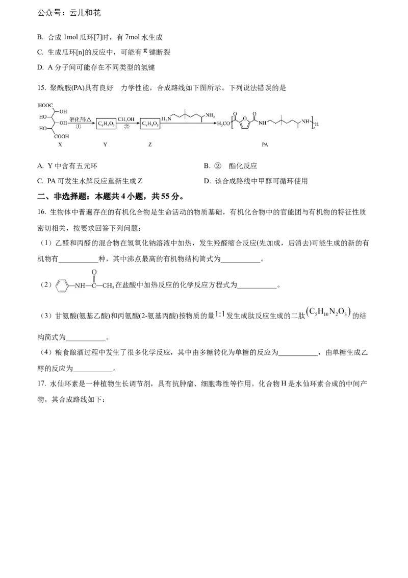 湖北省武汉市部分重点中学2023-2024学年高二下学期期末联考化学试卷Word版无答案_2024-2025高二（7-7月题库）_2024年07月试卷