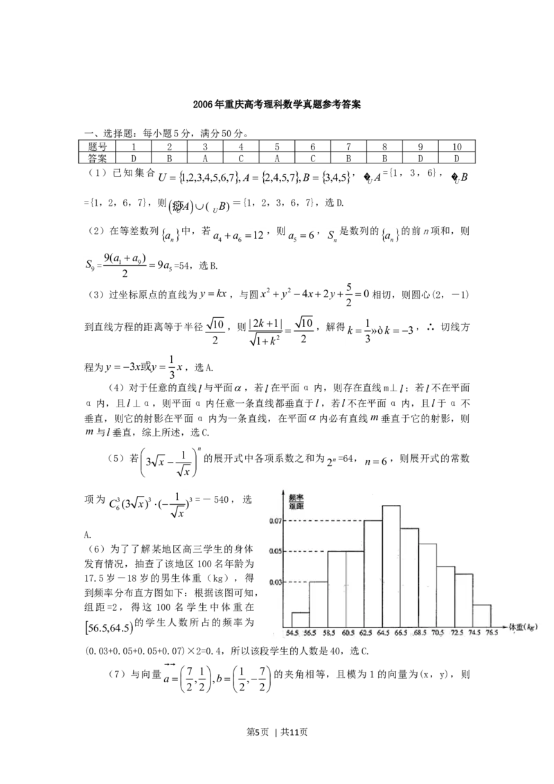 2006年重庆高考理科数学真题及答案_数学高考真题试卷_旧1990-2007&middot;高考数学真题_1990-2007&middot;高考数学真题&middot;word_重庆