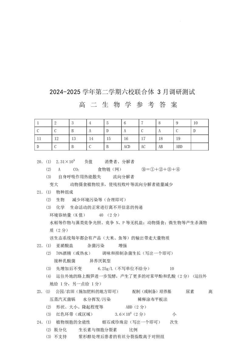 江苏省南京市六校联合体2024-2025学年高二下学期3月调研测试生物Word版含答案_2024-2025高二（7-7月题库）_2025年04月试卷(1)_0405江苏省南京市六校联合体2024-2025学年高二下学期3月调研测试