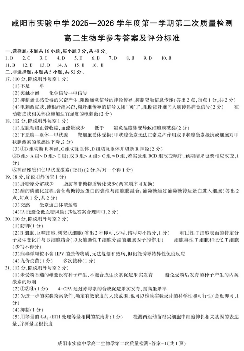 期中考试高二生物答案_251208陕西省咸阳市实验中学2025-2026学年高二上学期第二次质量检测（全）