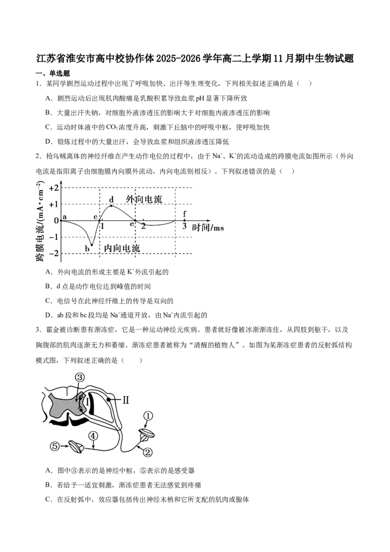 江苏省淮安市高中校协作体2025-2026学年高二上学期期中联考试题生物Word版含答案_2024-2025高二（7-7月题库）_2026年1月高二