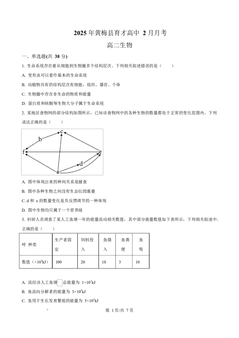 湖北省黄冈市黄梅县育才高级中学2024-2025学年高二下学期2月月考生物试题　（原卷版）_2024-2025高二（7-7月题库）_2025年03月试卷