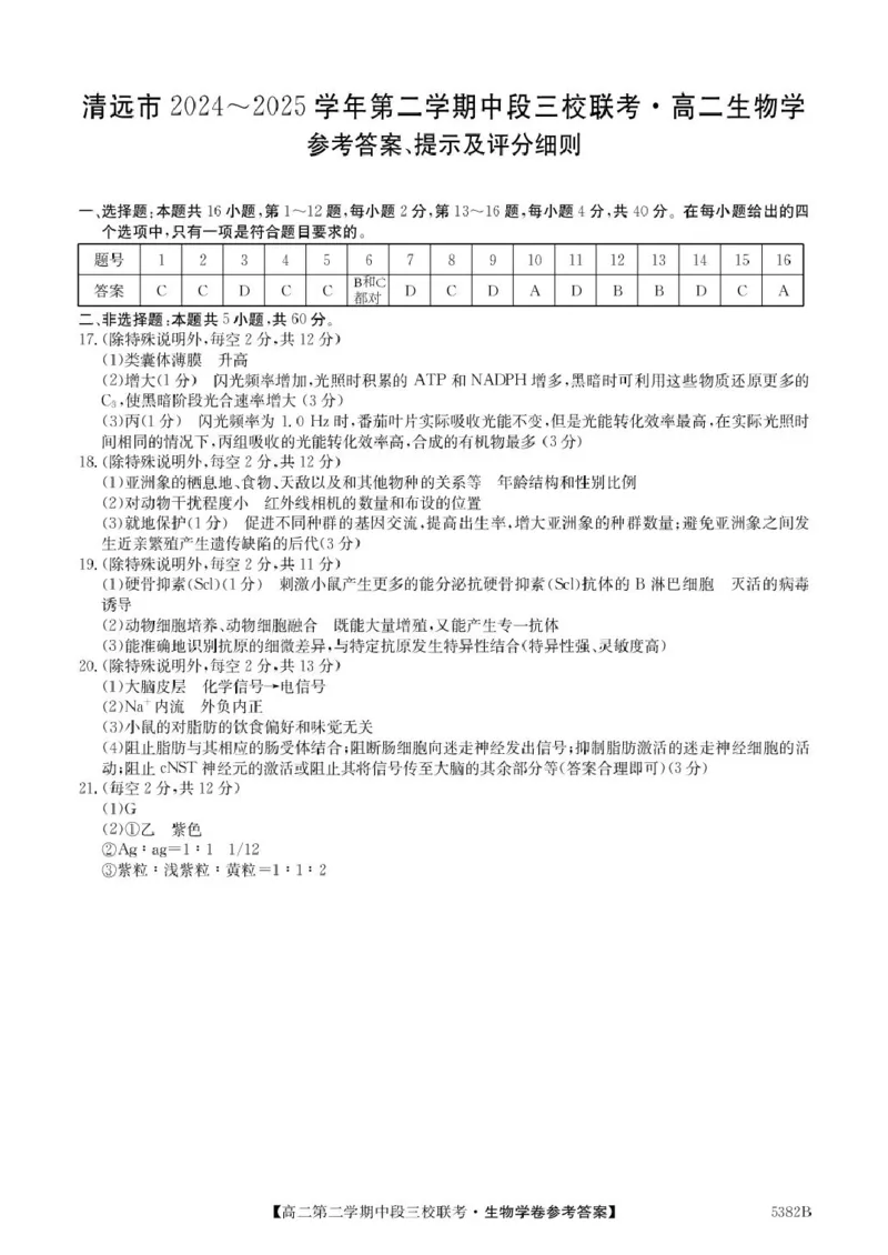 广东省清远市三校2024-2025学年高二下学期期中联考试题生物PDF版含解析_2024-2025高二（7-7月题库）_2025年05月试卷_0519广东省清远市三校2024-2025学年高二下学期期中联考试题