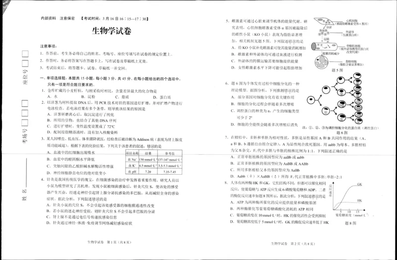 重庆市2024高考副科题型变化3月抽样统测考试生物(1)_2024年3月_013月合集_2024届重庆市高考副科题型变化3月抽样统测考试