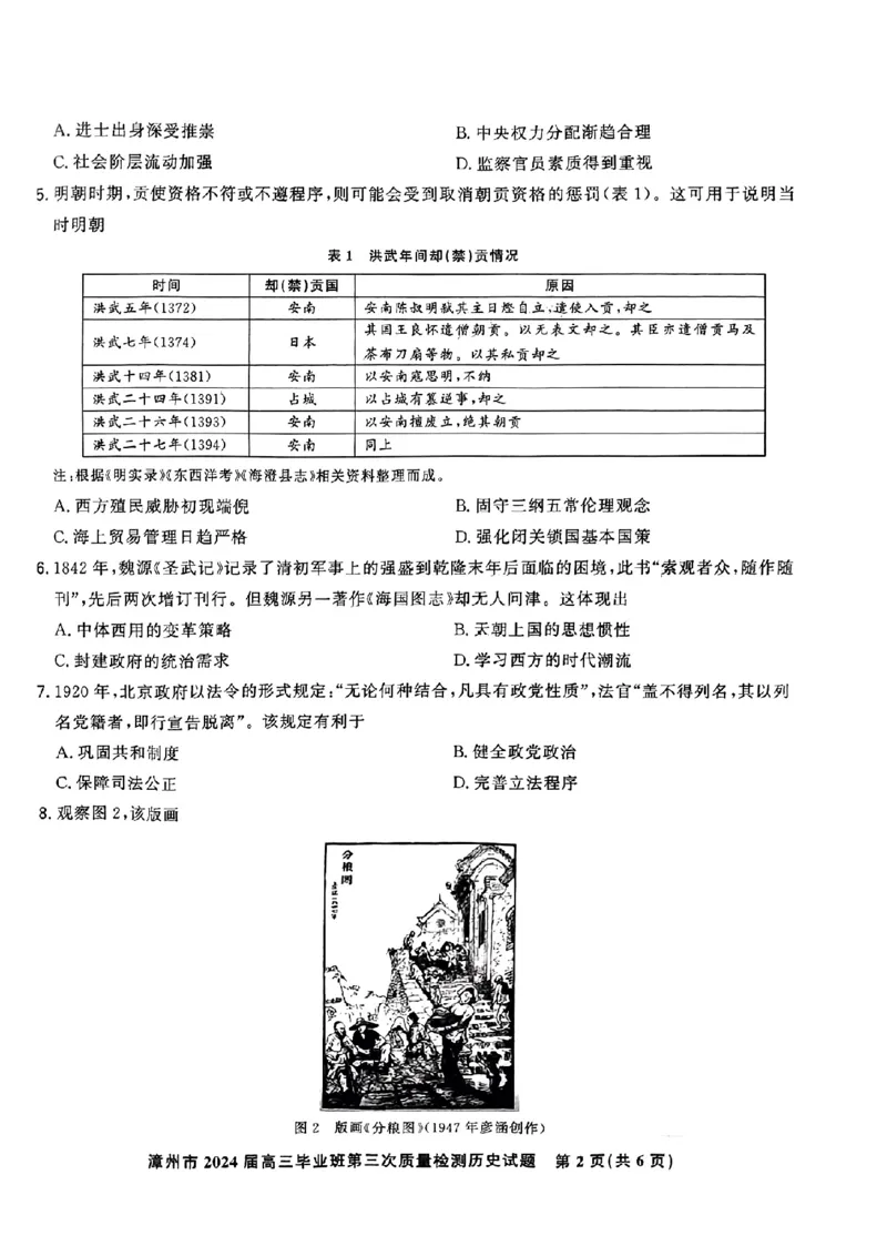 福建省漳州市2024届高三毕业班第三次质量检测历史(1)_2024年3月_013月合集_2024届福建省漳州市高三毕业班第三次质量检测