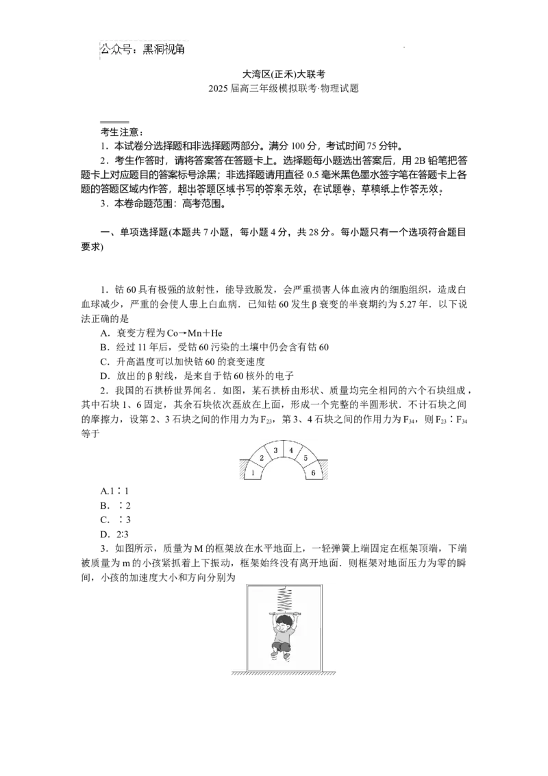 大湾区（正禾）大联考--物理_2024-2025高三（6-6月题库）_2024年12月试卷_1209广东省大湾区（正禾）大联考2024-2025学年高三上学期模拟