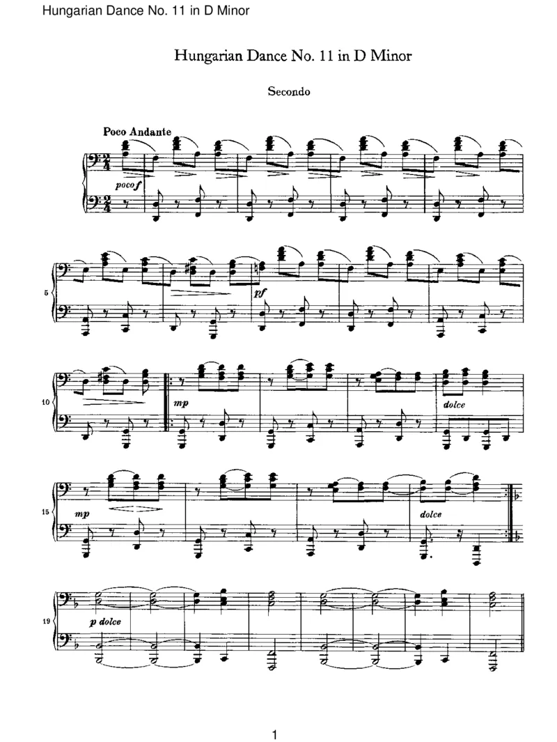 HungarianDanceNo.11inDMinor_一万首著名钢琴曲谱哈农贝多芬合集视频教学电子版高清无水印可打印_1古典钢琴知名音乐家谱_勃拉姆斯钢琴谱全集_VI.PianoWorksforFourHands
