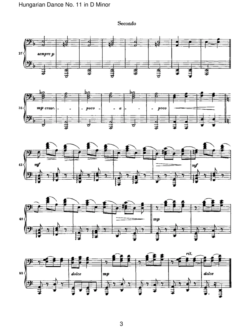 HungarianDanceNo.11inDMinor_一万首著名钢琴曲谱哈农贝多芬合集视频教学电子版高清无水印可打印_1古典钢琴知名音乐家谱_勃拉姆斯钢琴谱全集_VI.PianoWorksforFourHands