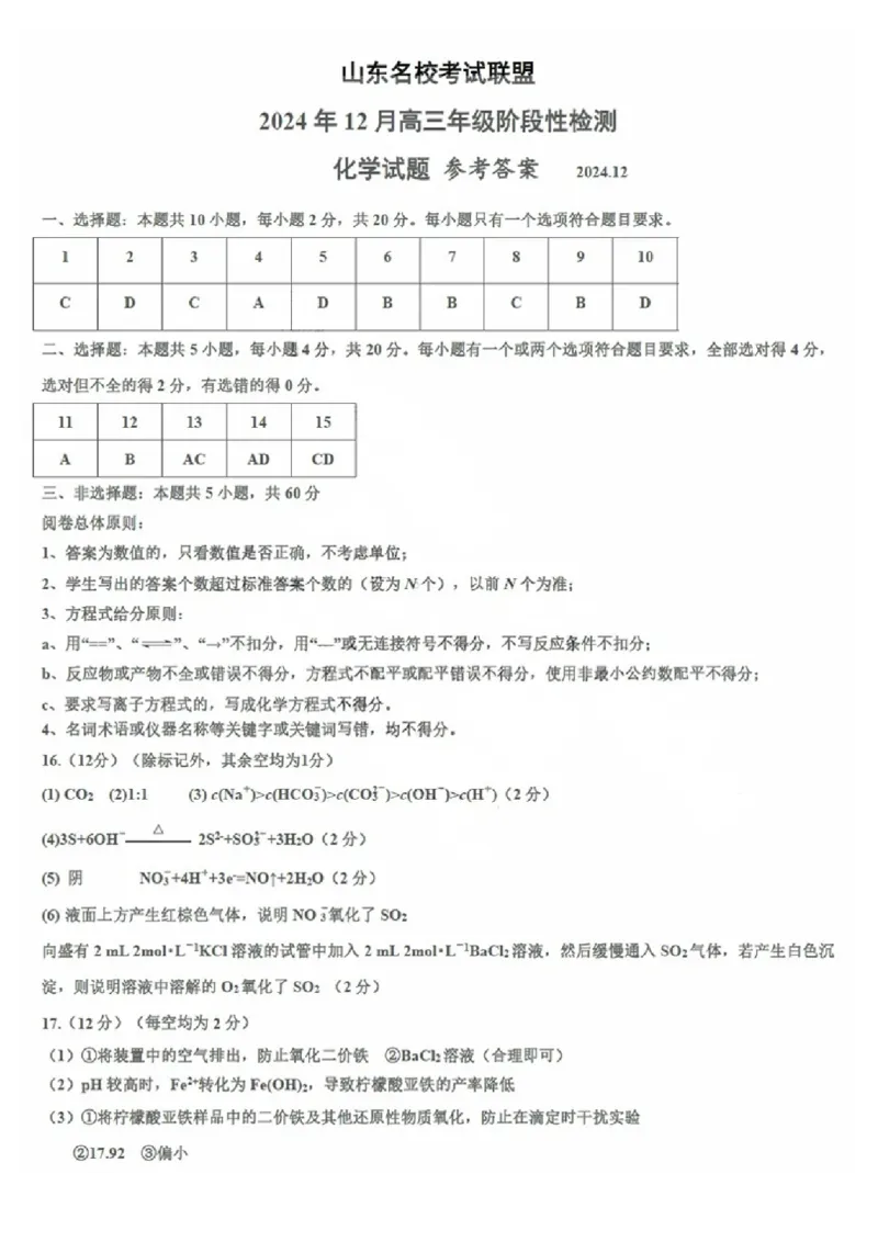 化学试卷答案_2024-2025高三（6-6月题库）_2024年12月试卷_1212山东省名校考试联盟2024年12月高三阶段性检测_山东省名校考试联盟2024年12月高三阶段性检测化学