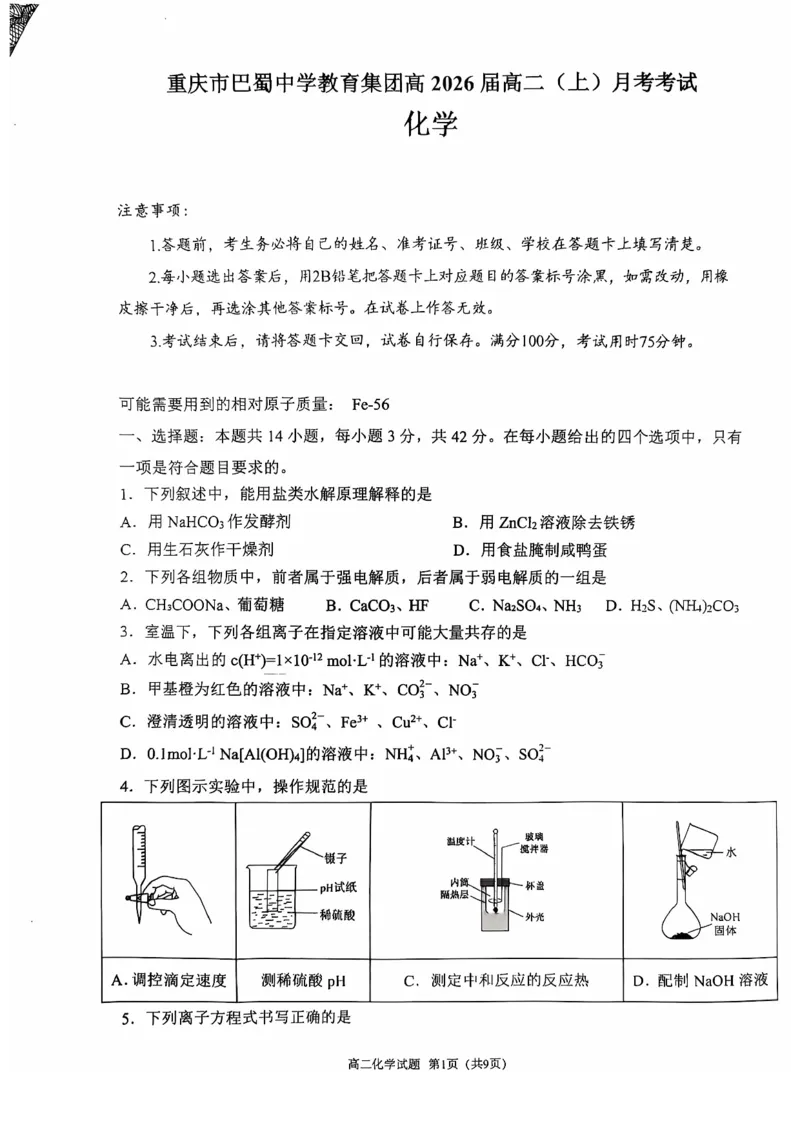 巴蜀中学高二10月月考化学试题_2024-2025高二（7-7月题库）_2024年11月试卷_11062024-2025学年重庆市巴蜀中学高二10月月考