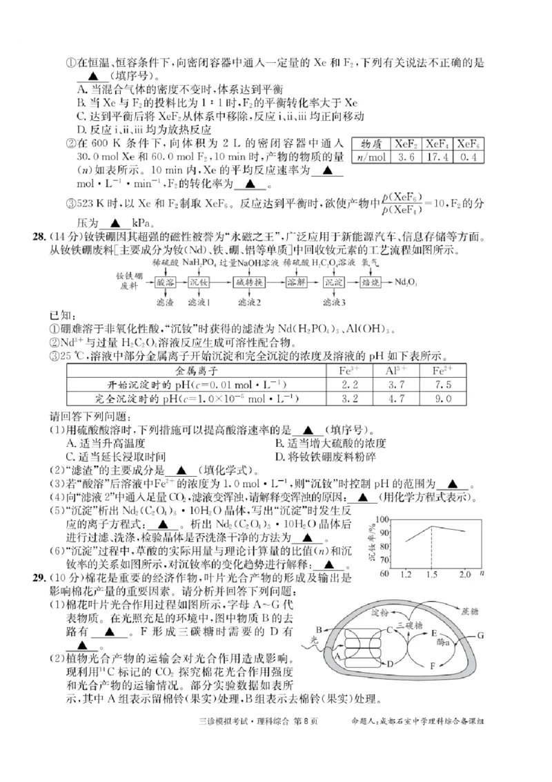 理科综合_2024年4月_01按日期_26号_2024届四川省成都市石室中学高三下期三诊模拟考试_2024届四川省成都石室中学高三下学期三诊模拟考试理科综合试卷