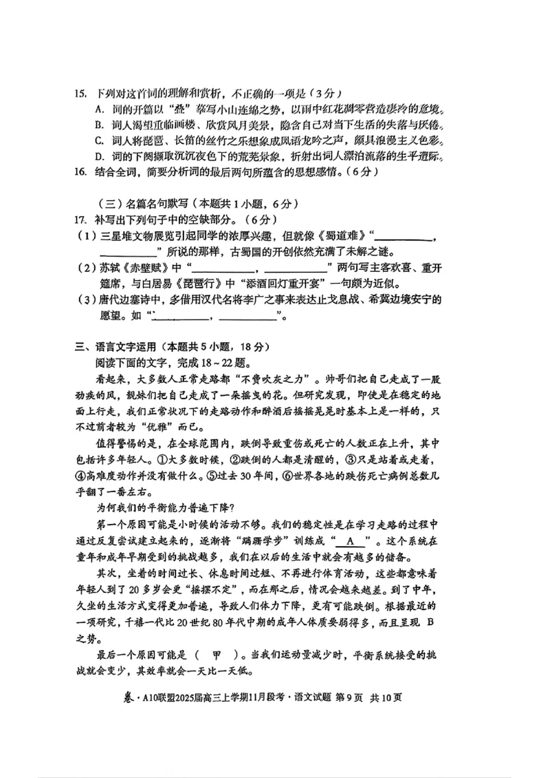 安徽A10联盟2025届高三上学期11月段考语文试卷（含答案）_2024-2025高三（6-6月题库）_2024年11月试卷_1115安徽A10联盟2025届高三上学期11月段考