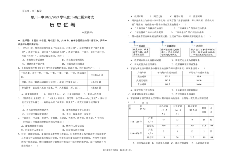 宁夏回族自治区银川一中2023-2024学年高二下学期期末考试+历史_2024-2025高二（7-7月题库）_2024年07月试卷_0723宁夏回族自治区银川一中2023-2024学年高二下学期期末考试