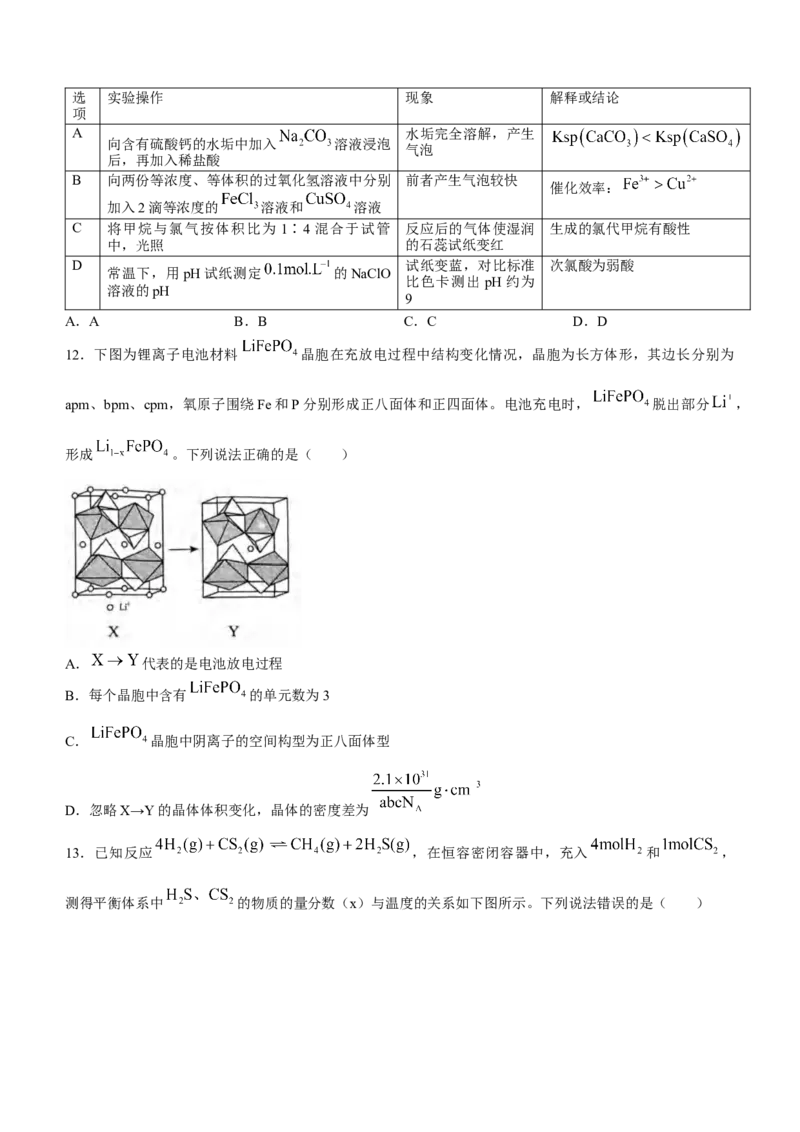 重庆市九龙坡区2024届高三下学期学业质量调研抽测(第二次)化学试卷(1)_2024年4月_024月合集_2024届重庆主城高三学业质量调研抽测（第二次）