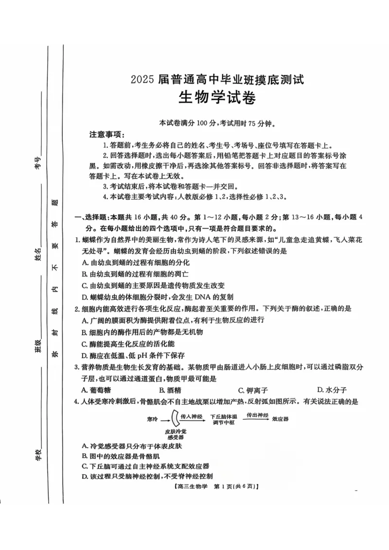 广西2025届高三10月七市联考生物试卷_2024-2025高三（6-6月题库）_2024年10月试卷_1020广西七市普通高中毕业班高三模拟测试（金太阳10月联考）