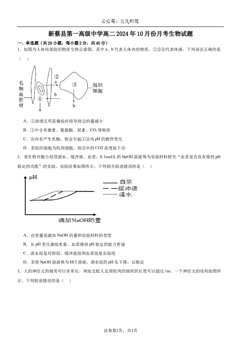 河南省驻马店市新蔡县新蔡县第一高级中学2024-2025学年高二上学期10月月考生物试题_2024-2025高二（7-7月题库）_2024年10月试卷