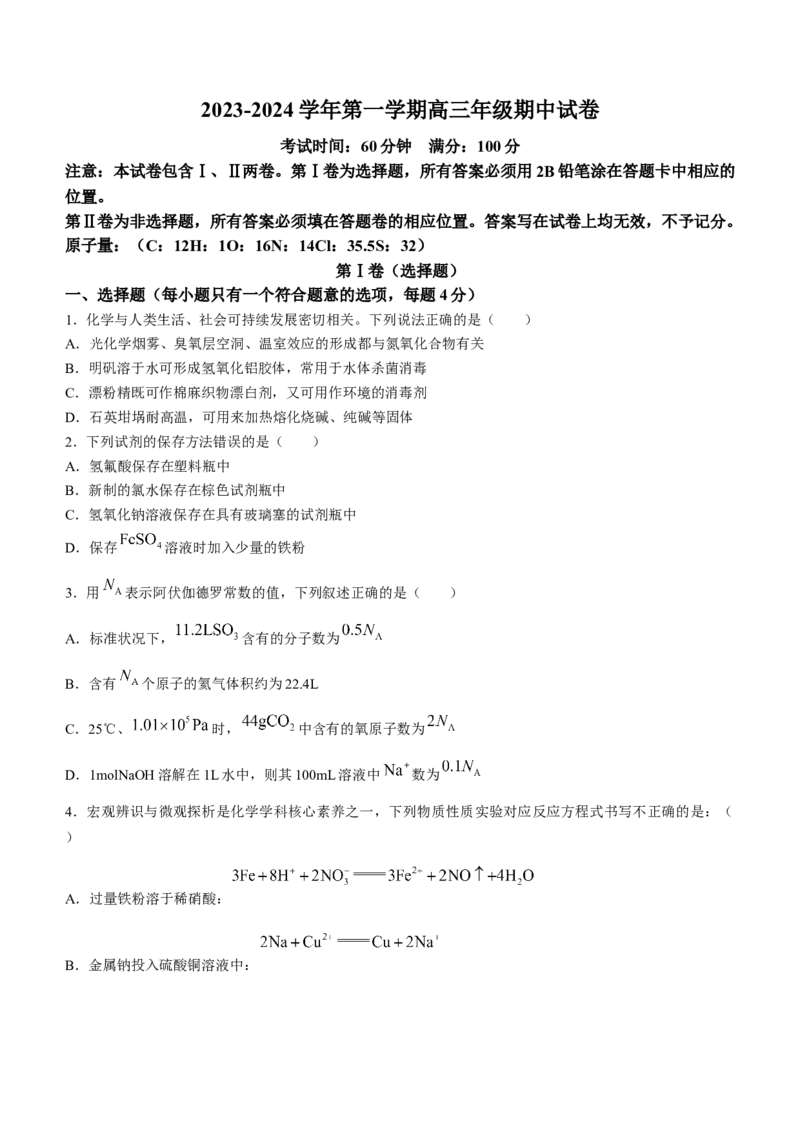 天津市实验中学滨海学校2023-2024学年高三上学期期中质量调查化学（黄南班）试题(1)_2023年11月_0211月合集_2024届天津市实验中学滨海学校高三上学期期中质量调查考试