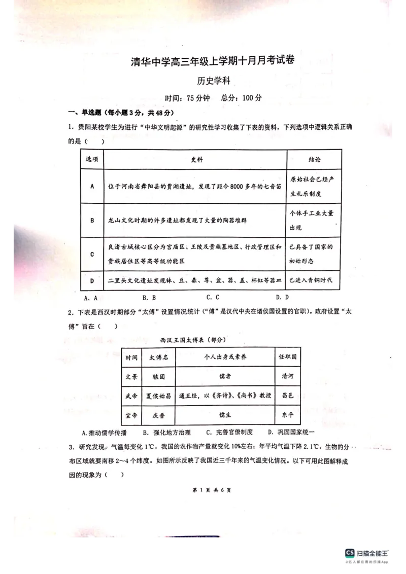 贵州省贵阳市清华中学2024届高三上学期10月月考历史(1)_2023年11月_01每日更新_01号_2024届贵州省贵阳市清华中学高三上学期10月月考