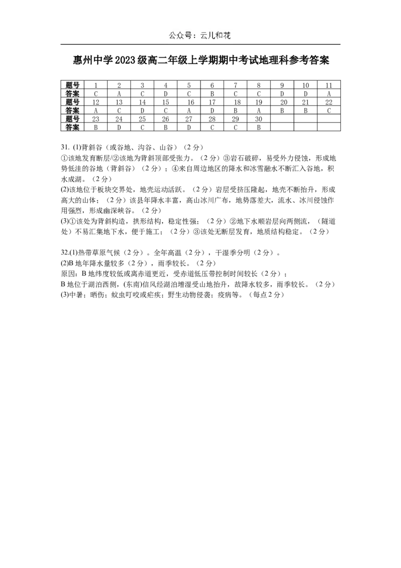惠州中学2024-2025上学期高二地理科期中答案_2024-2025高二（7-7月题库）_2024年11月试卷_1108广东省惠州市惠州中学2024-2025学年高二上学期11月期中考试