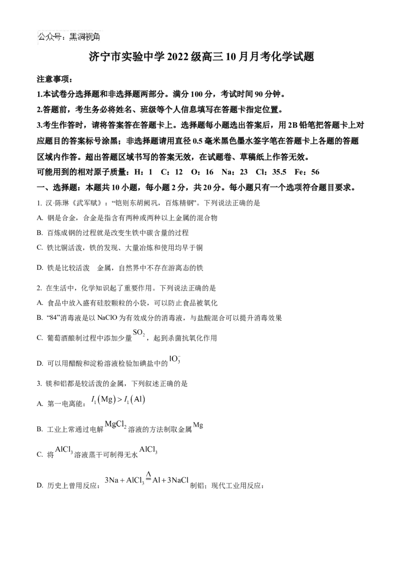 山东省济宁市实验中学2025届高三上学期10月月考化学试题_2024-2025高三（6-6月题库）_2024年10月试卷_1031山东省济宁市实验中学2025届高三上学期10月月考