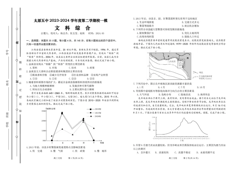 试题打印-0508文综-改_2024年5月_01按日期_23号_2024届山西省太原市第五中学高三下学期一模试题_山西省太原市第五中学2024届高三下学期一模试题文综PDF版含答案（可编辑）
