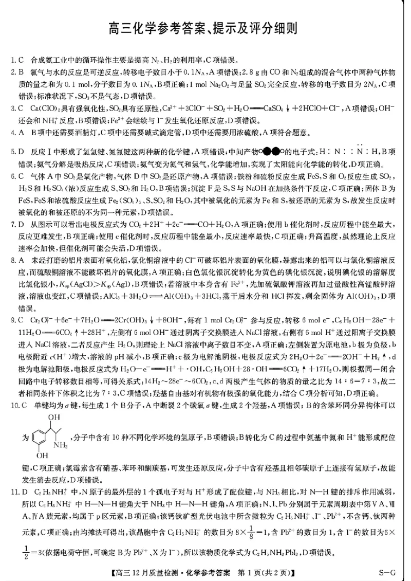 化学答案_2024-2025高三（6-6月题库）_2024年12月试卷_1225九师联盟2025届高三12月质量检测（全科）_九师联盟2025届高三12月质量检测化学（S-G）