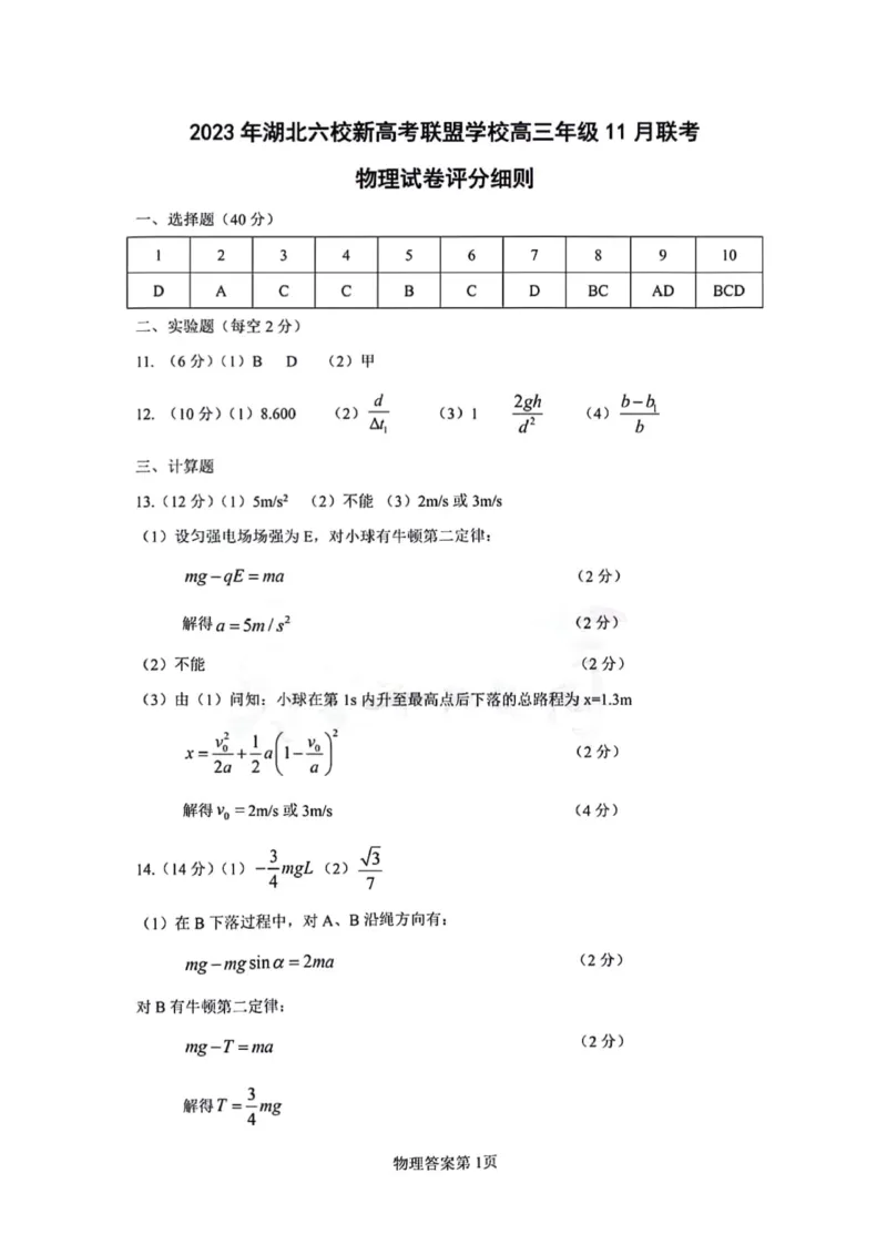 湖北省六校新高考联盟学校2023-2024学年高三上学期11月联考物理试卷答案(1)_2023年11月_0211月合集_2024届湖北省六校新高考联盟学校高三上学期11月联考