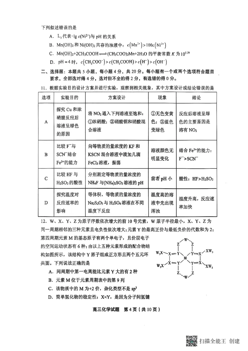化学试题_2024-2025高三（6-6月题库）_2025年02月试卷_02142025届山东省实验中学高三下学期第四次诊断考试（全科）_2025届山东省实验中学高三下学期第四次诊断考试化学