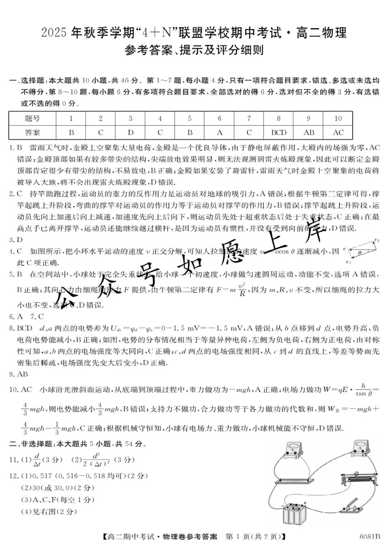 南宁4+N联盟2025秋季期中高二物理答案_251229广西南宁市&ldquo;4+N&rdquo;联盟学校2025-2026学年高二上学期期中考试（全）_广西南宁市&ldquo;4+N&rdquo;联盟学校2025-2026学年高二上学期期中考试物理试题含答案