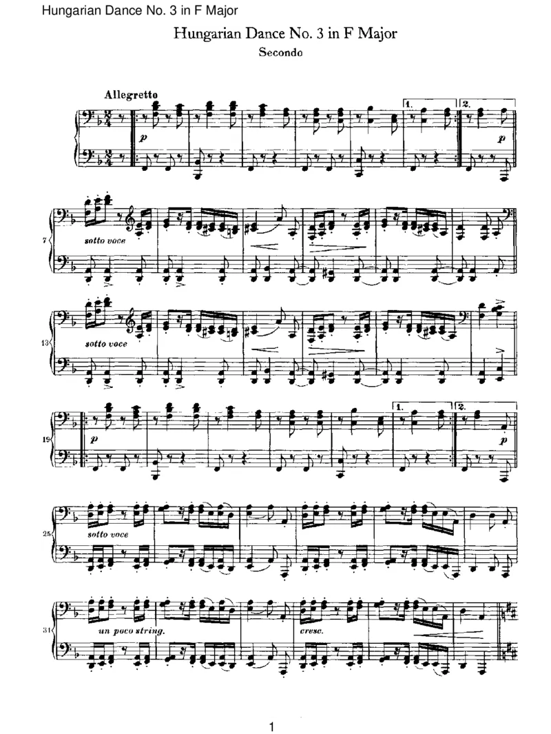 HungarianDanceNo.3inFMajor_一万首著名钢琴曲谱哈农贝多芬合集视频教学电子版高清无水印可打印_1古典钢琴知名音乐家谱_勃拉姆斯钢琴谱全集_VI.PianoWorksforFourHands