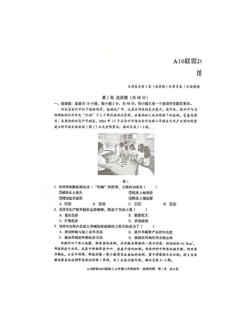 地理-安徽1号卷A10联盟2025届高三上学期12月质检考_2024-2025高三（6-6月题库）_2024年12月试卷_1221安徽1号卷A10联盟2025届高三上学期12月质检考