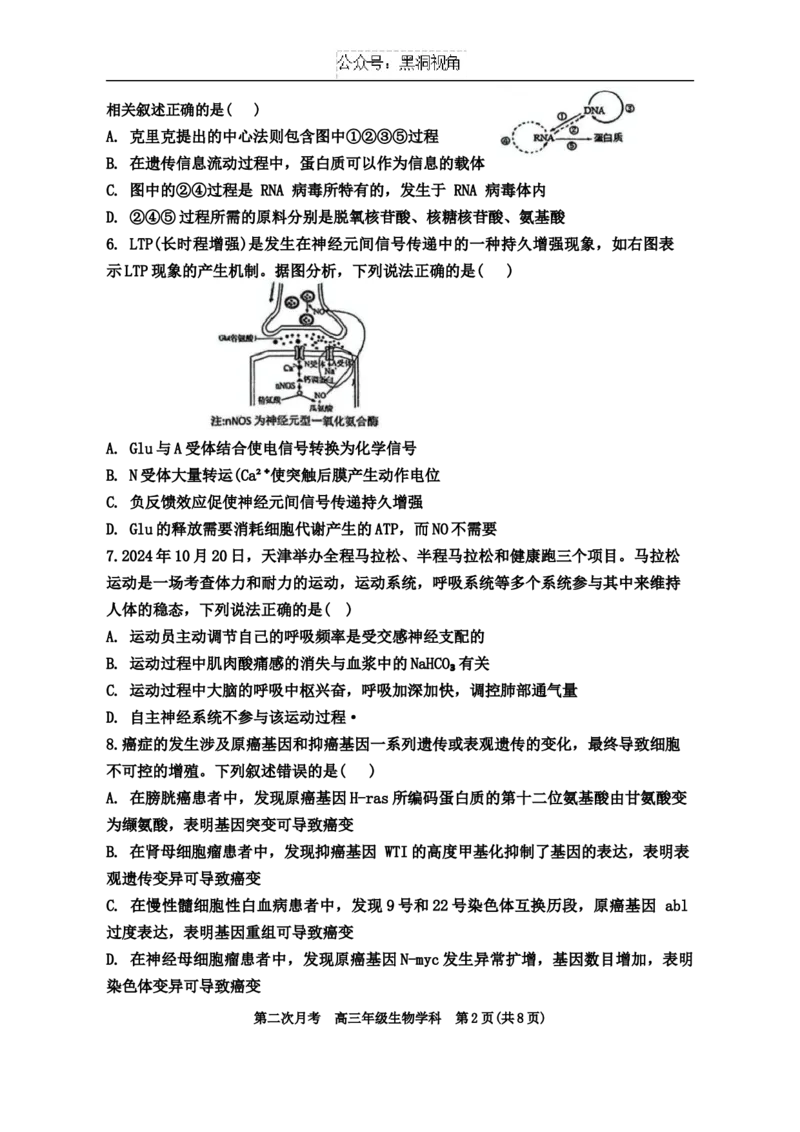 天津市耀华中学2024-2025学年高三上学期第二次月考试题生物Word版含答案_2024-2025高三（6-6月题库）_2024年12月试卷_1211天津市耀华中学2024-2025学年高三上学期第二次月考