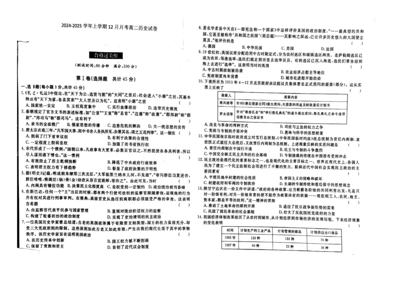 江西省赣州市大余县部分学校联考2024-2025学年高二上学期12月月考历史试题_2024-2025高二（7-7月题库）_2024年12月试卷_1225江西省赣州市大余县部分学校2024-2025学年高二上学期12月联考