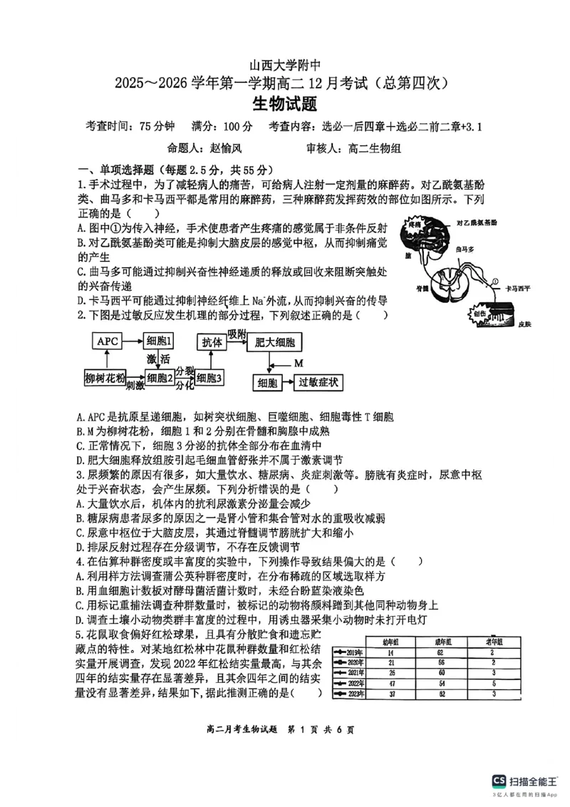 山大附中2025&mdash;2026学年高二12月考生物试题_2024-2025高二（7-7月题库）_2026年1月高二_260106山西省太原市山西大学附属中学校2025-2026学年高二上学期12月月考（全）