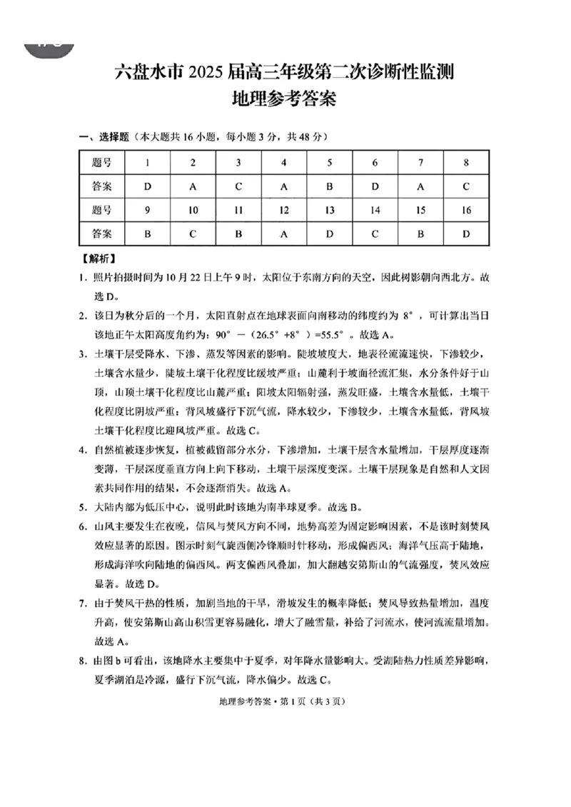 地理参考答案_2024-2025高三（6-6月题库）_2024年12月试卷_1203贵州省六盘水市2025届高三上学期第二次诊断性监测_贵州省六盘水市2025届高三上学期第二次诊断性监测地理