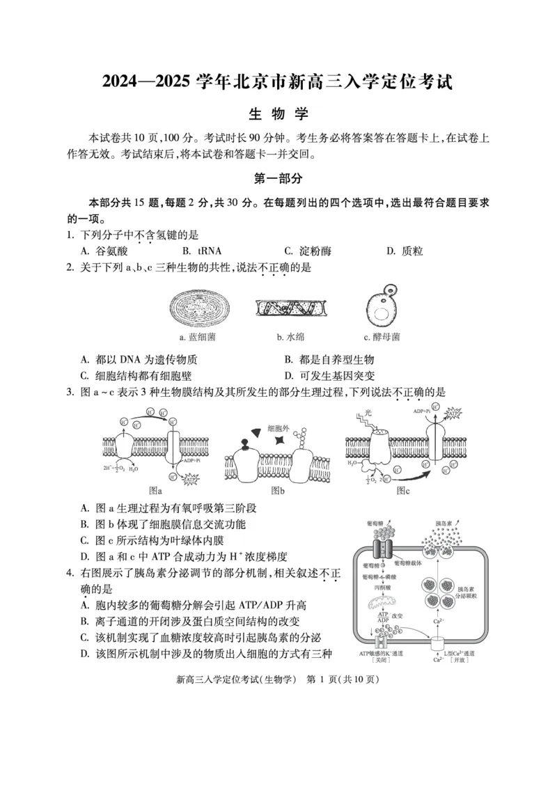 北京市2024-2025学年高三上学期入学定位考试生物试题_2024-2025高三（6-6月题库）_2024年09月试卷_0909北京市2024-2025学年高三上学期入学定位考试