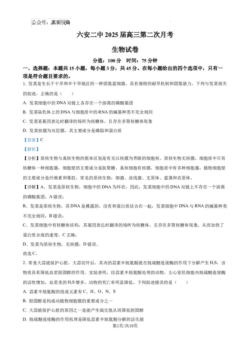 安徽省六安市第二中学2024-2025学年高三上学期10月月考生物答案_2024-2025高三（6-6月题库）_2024年10月试卷_1025安徽省六安市第二中学2024-2025学年高三上学期10月月考