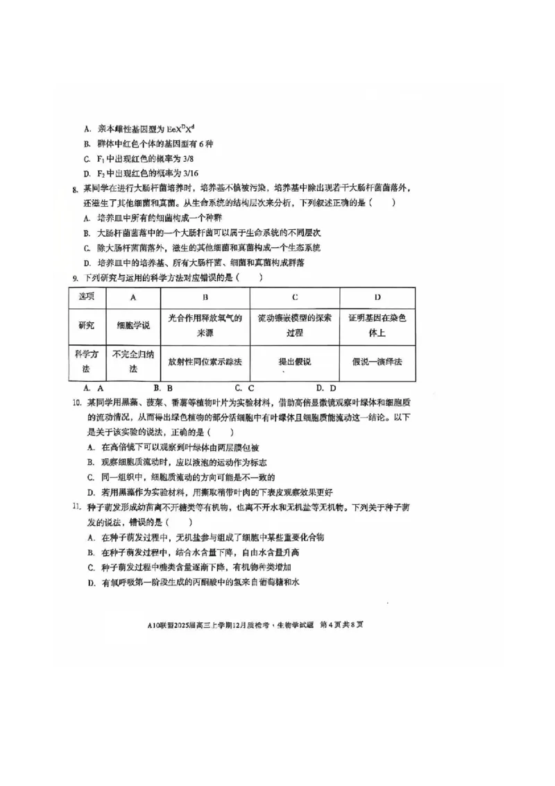 安徽省1号卷A10联盟2025届高三上学期12月质检考生物_2024-2025高三（6-6月题库）_2024年12月试卷_1221安徽1号卷A10联盟2025届高三上学期12月质检考