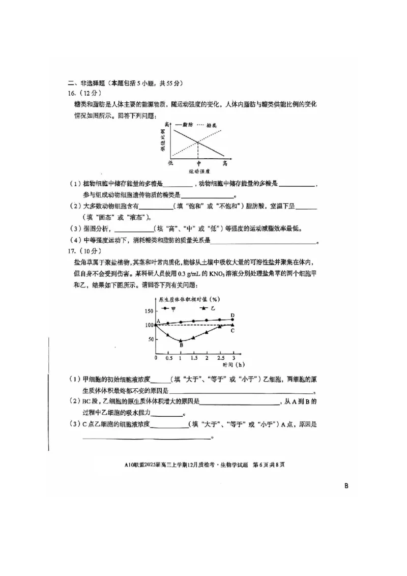 安徽省1号卷A10联盟2025届高三上学期12月质检考生物_2024-2025高三（6-6月题库）_2024年12月试卷_1221安徽1号卷A10联盟2025届高三上学期12月质检考