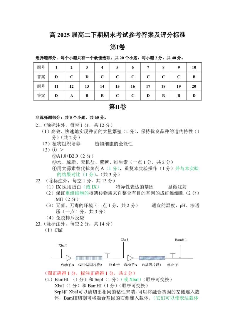 四川省乐山市2023-2024学年高二下学期期末教学质量检测+生物答案_2024-2025高二（7-7月题库）_2024年07月试卷_0711四川省乐山市2023-2024学年高二下学期期末教学质量检测